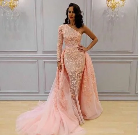 Women's Athletic Clothes Bold Patterns Blush Pink Overskirts Prom Dresses Long One Shoulder Mermaid Evening Dress Lace And Tulle Celebrity Cocktail Party Gowns Prom Dresses,  Formal Evening Dresses   cg18834