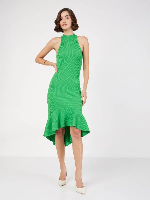 Women's Elegant Garments Playful Elegance Women Green Rib Fish Frill Bodycon Midi Dress