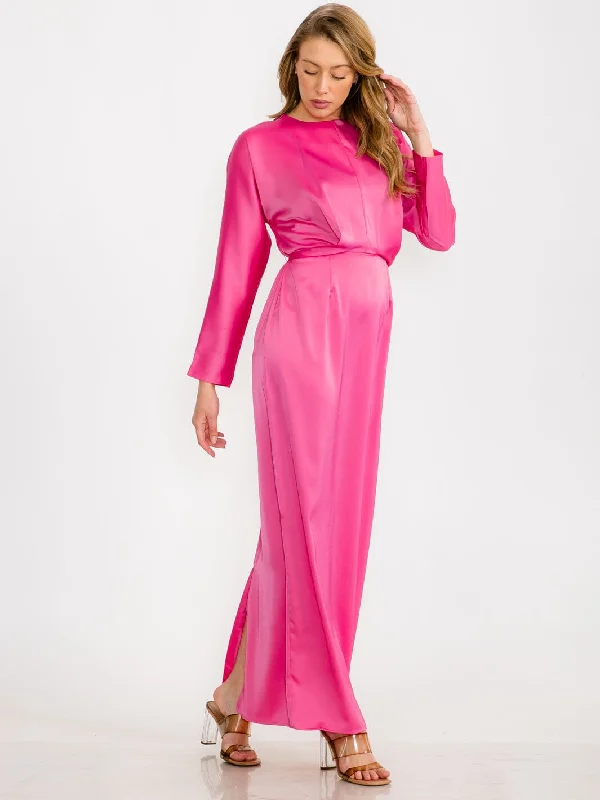 Women's Comfortable Lounge Attire Soft Textures WOMEN'S LONG SLEEVE SELF TIE SATIN MAXI DRESS