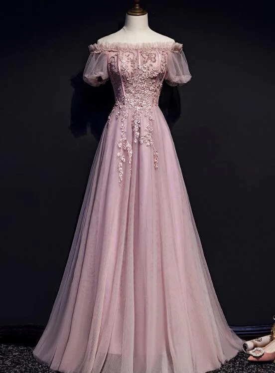 Women's Formal Clothes Modern Romance Unique Pink Off Shoulder With Lace Long Party Dress, Prom Gown   cg18859