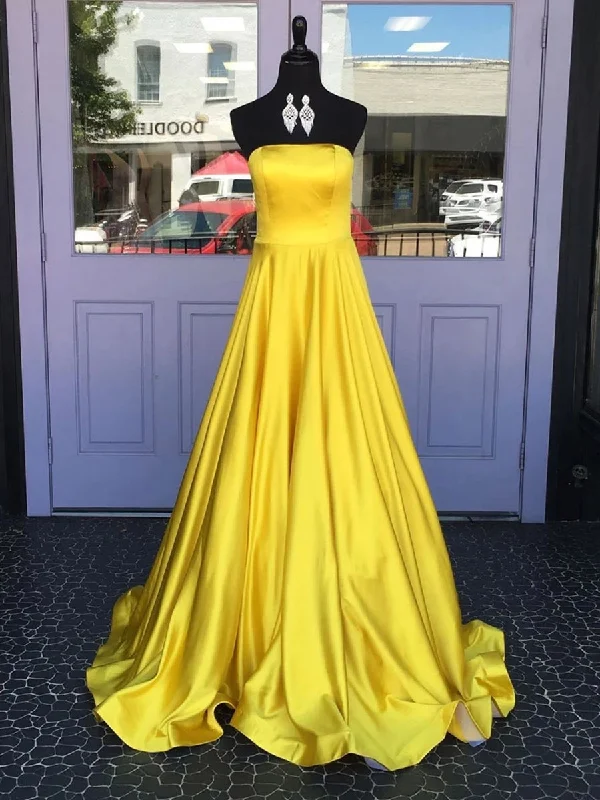 Women's Charming Outfit For Events Art Deco Geometric Pattern Look Simple A Line Strapless Yellow Satin Long Prom Dresses, Strapless Yellow Formal Graduation Evening Dresses