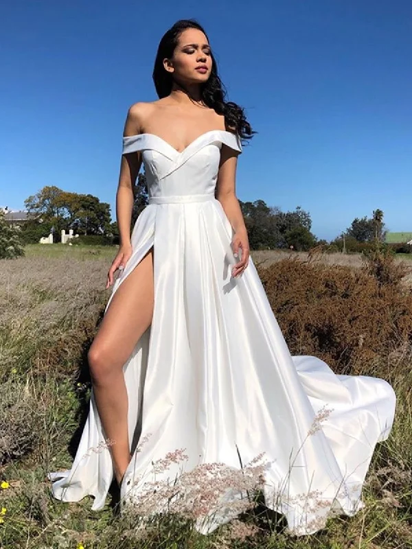 Women's Trendy Casual Outfit Chic Urban Fashion Look Off Shoulder White Satin Long Prom Dresses with High Split, Off the Shoulder White Formal Graduation Evening Dresses