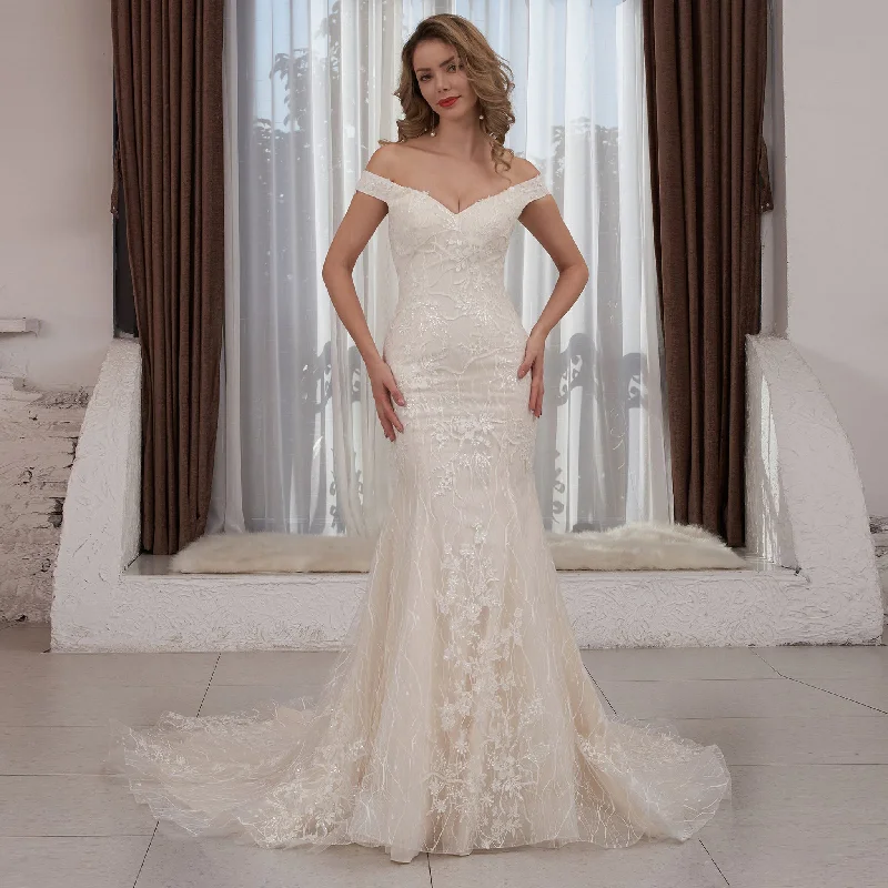 Women's High-Fashion Outfit Big Savings On Minimalist Office Styles Luxury Off the Shoulder Mermaid Lace Wedding Dress with V-neck