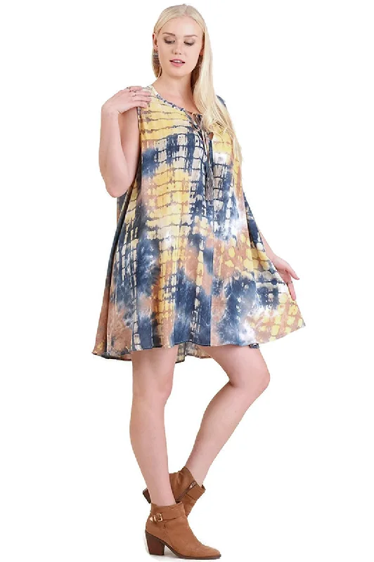 Women's Plus-Size Garments Y2K Nostalgic Fashion Look Tie Dye Sleeveless Keyhole Dress, Taupe Mix