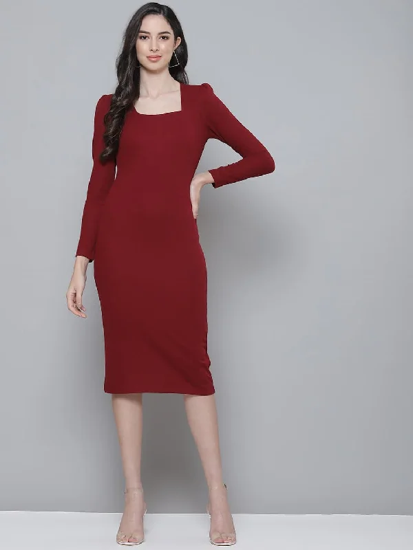 Charming Women's Holiday Apparel Sleek Design Maroon Rib Puff Sleeves Square Neck Bodycon Dress