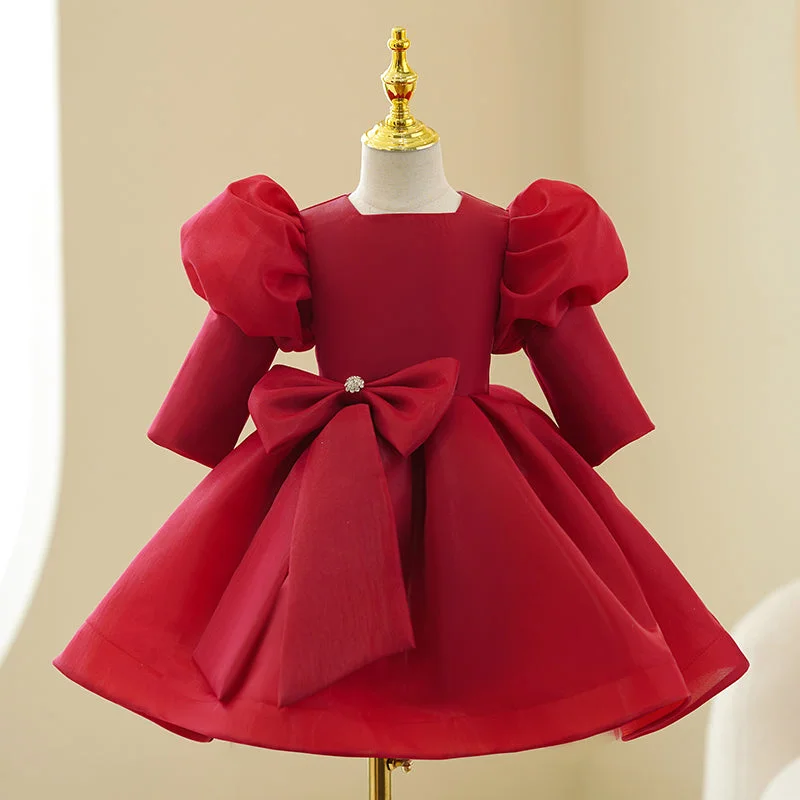 Women's Night-Out Outfit Rustic Countryside Charm Look Girl Christmas Dress Toddler Prom Dress Girl Princess Dress Red Long Sleeve Bow Puffy Party Dress