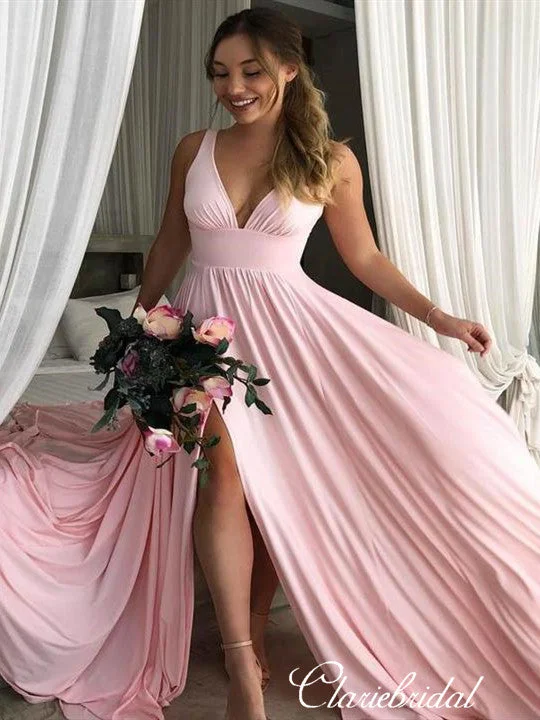 Women's Clothes And Apparel Sets Graceful Cut Pink V-neck Long A-line Jersey Side Slit Bridesmaid Dresses