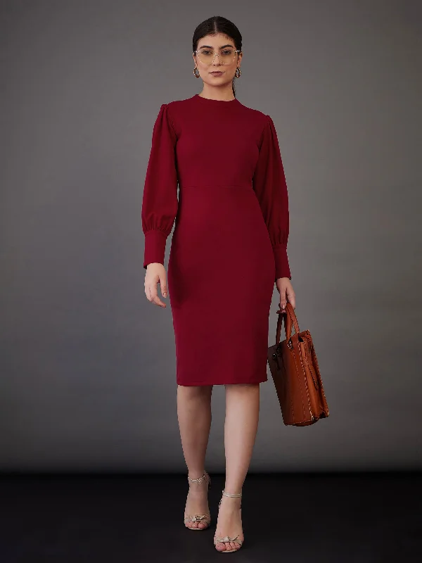 Women's Casual Garments Elevated Style Women Red Puff Sleeves Bodycon Midi Dress