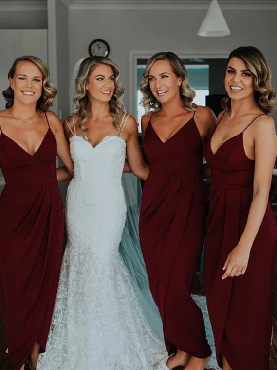 Women's Luxury Garments Playful Elegance Burgundy Jersey Side Slit Bridesmaid Dresses, 2020 Bridesmaid Dresses, Long Bridesmaid Dresses