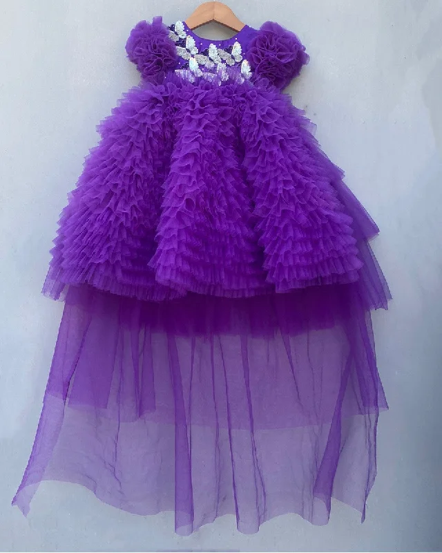 Women's Evening Outfit Romantic Detailing Pre-Order: Purple Frilled Gown with Detachable Trail