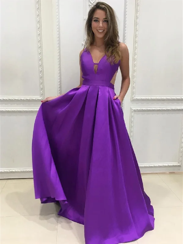 Women's Professional Attire Final Clearance A Line V Neck Backless Purple Satin Long Prom Dresses, Backless Purple Ball Gown, V Neck Purple Formal Graduation Evening Dresses