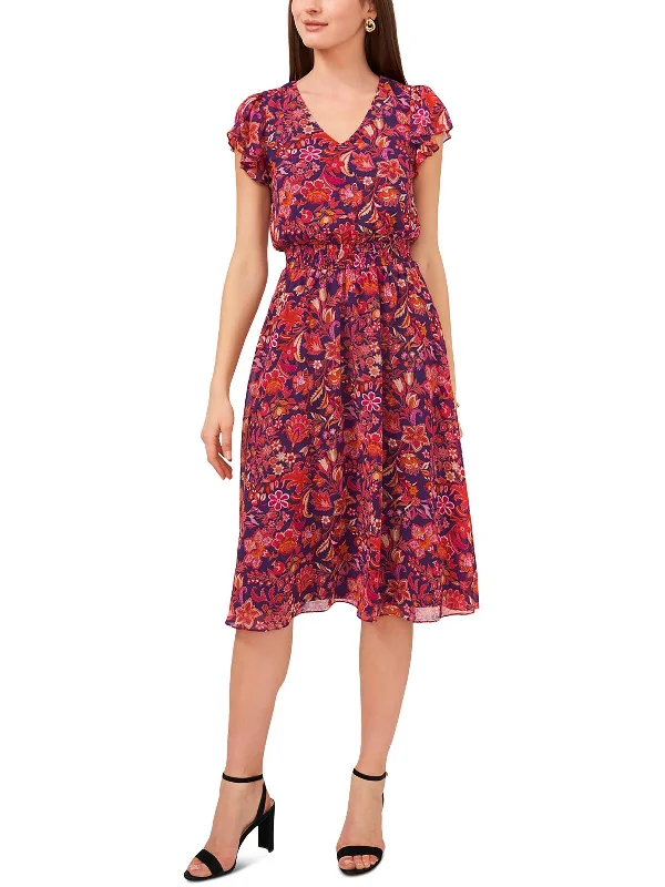 Chic Women's Attire Graceful Cut Petites Womens Chiffon Floral Midi Dress