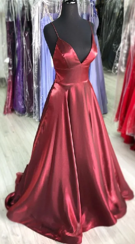 Women's Casual Wear Clothes Classic Charm Spaghetti Straps V Neck Long Prom Dress Burgundy Formal Evening Gown cg2226