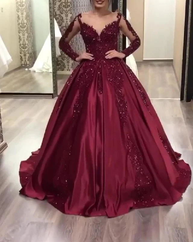 Women's Seasonal Clothes Effortless Sophistication 2025 Burgundy Long Sleeves Satin Prom Dresses Ball Gown Sweet 16 Dresses