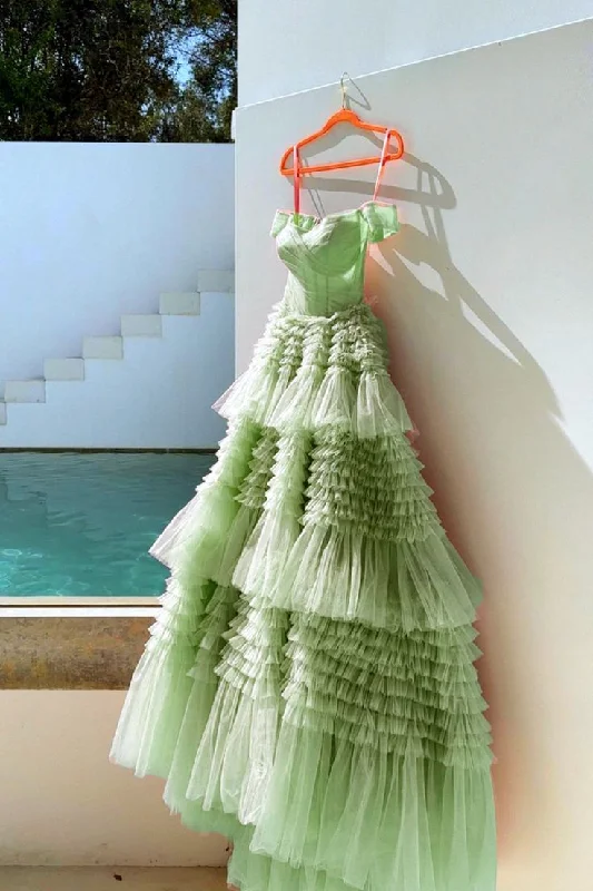 Women's High-Fashion Garments Effortless Comfort Unique Sage Green Tiered Tulle Ball Gown Dress For Prom  Y4500