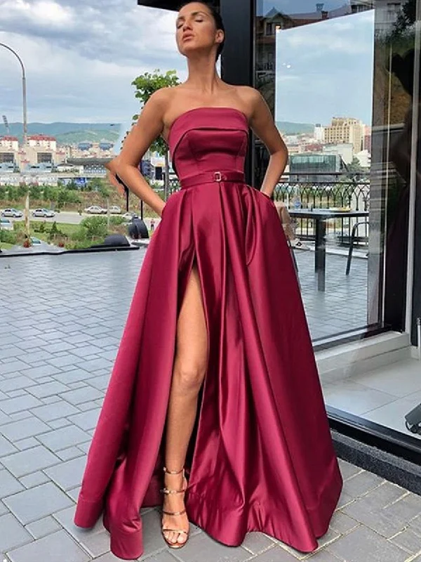 Women's Formal Event Attire Big Savings On Minimalist Office Styles Custom Made A Line Burgundy Satin Long Prom Dresses with High Slit, Burgundy High Slit Long Formal Dresses Evening Dresses, Burgundy Graduation Dresses