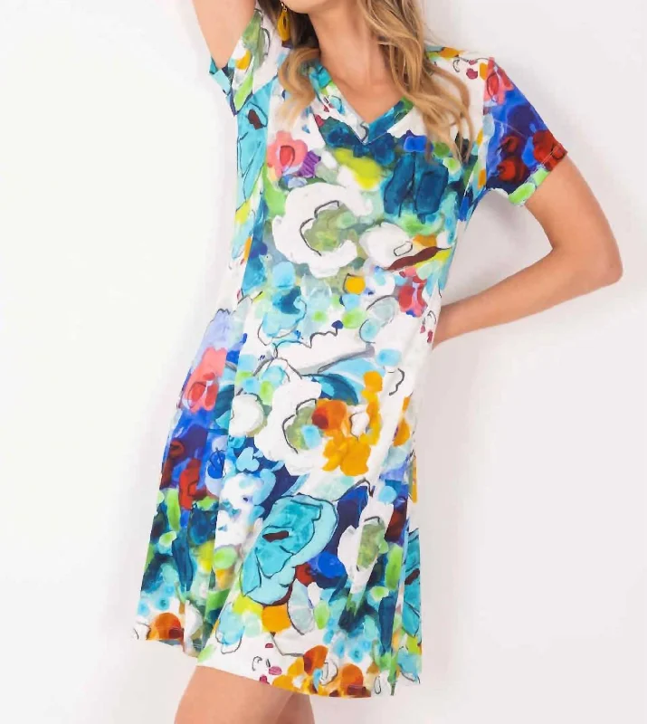 Women's Vacation Outfit Playful Elegance Wild Virginia Floral V- Neck Dress in Multi