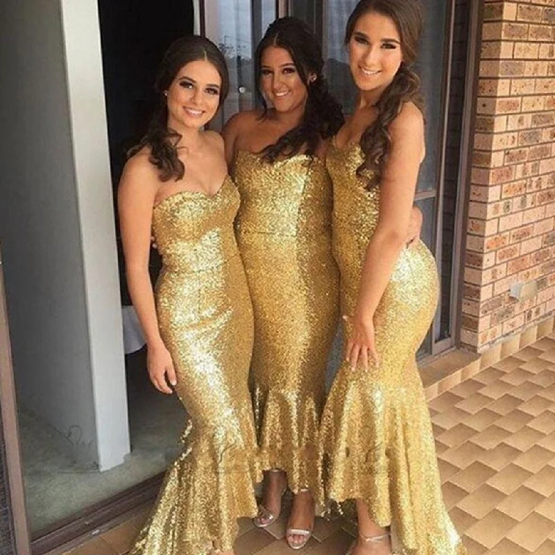 Women's Evening Outfit Elevated Style Shinning Gold Sequin Sweet Heart Mermaid Sexy Cheap Custom Long Bridesmaid Dresses, WG144