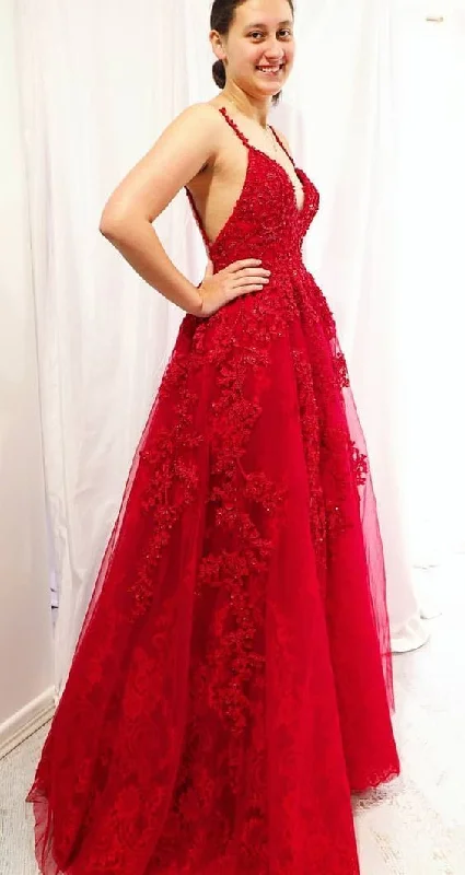 Women's Contemporary Clothing Urban Sophistication Backless Red Long Prom Dresses V-neck Appliqued Evening Gowns   cg13774