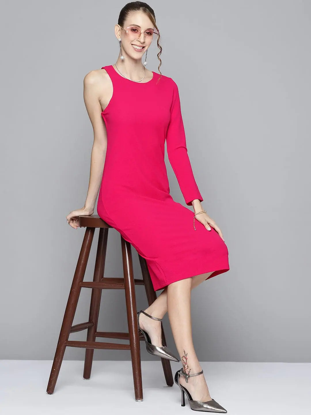 Women's Elegant Evening Attire Casual Elegance Women Fuchsia One Side Sleeve Bodycon Dress