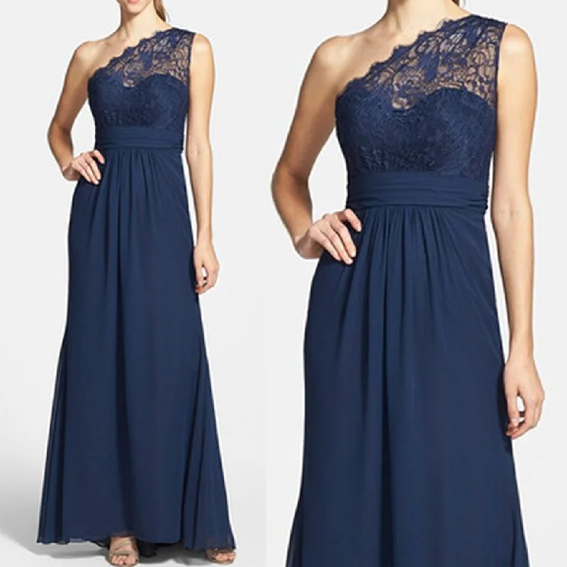 Casual Clothes For Women Luxury Comfort Elegant Navy Blue One Shoulder Lace Chiffon A Line Floor-Length Cheap Bridesmaid Dresses, WG64