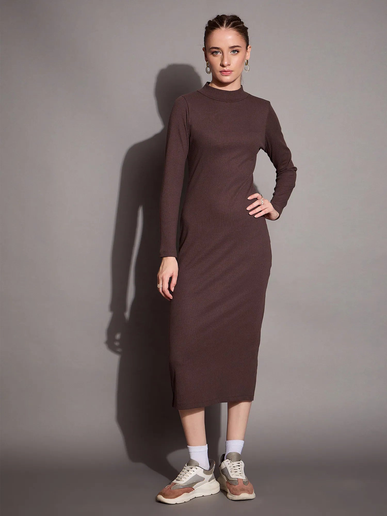 Women's Formal Clothes Luxury Comfort Women Brown Ribbed Back Slit Full Sleeves Bodycon Dress-SFDRSS12393