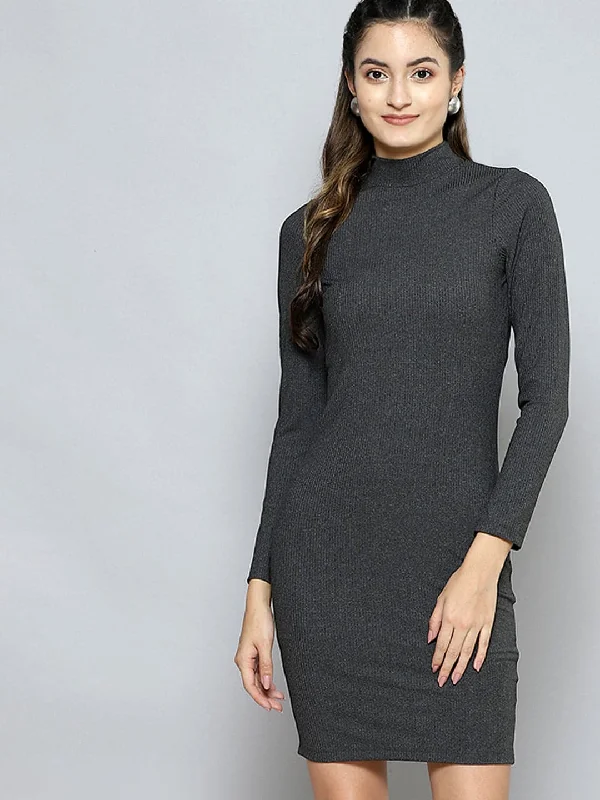 Modern Women's Apparel Effortless Grace Women Dark Grey Rib High Neck Short Bodycon Dress