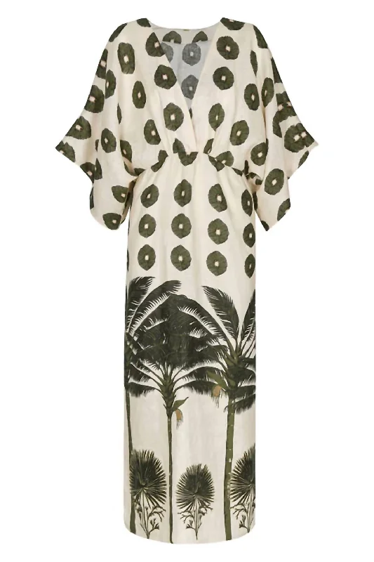 Women's Transitional Garments Dreamy Draping Women's Topacio Linen Maxi Dress In Cream/ Green