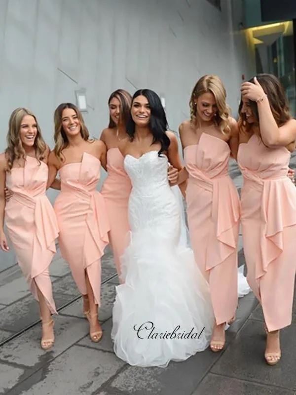 Women's Stylish Professional Apparel Flowy Fabric Strapless Unique Bridesmaid Dresses, Popular Fancy Wedding Guest Dresses