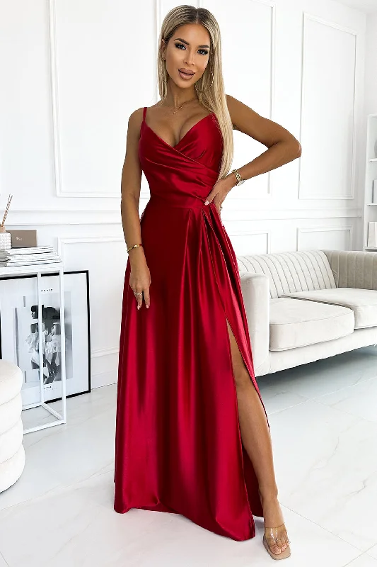 Women's Holiday Outfit Ethnic Cultural Event Wear 299-14 CHIARA elegant satin maxi dress with straps - red color