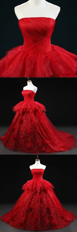 Women's Seasonal Wardrobe Clothing Effortless Style Red tulle strapless A-line ball gown, red lace customize evening dress Prom Dresses   cg19792