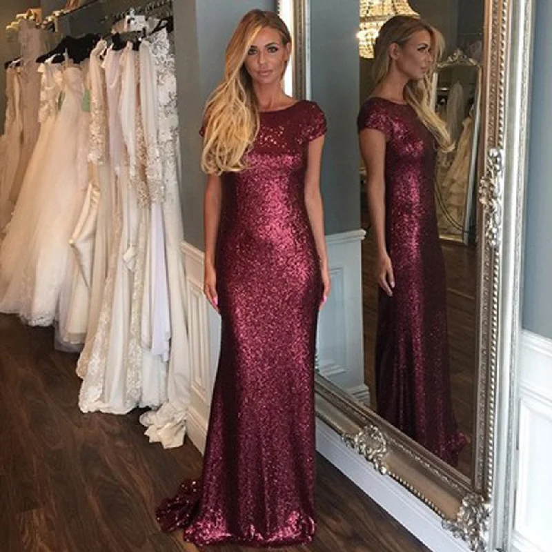 Women's Holiday Clothes Romantic Detailing Short Sleeve Mermaid Sexy Pretty Women Sequin Custom Make Long Cheap Bridesmaid Dresses, WG75