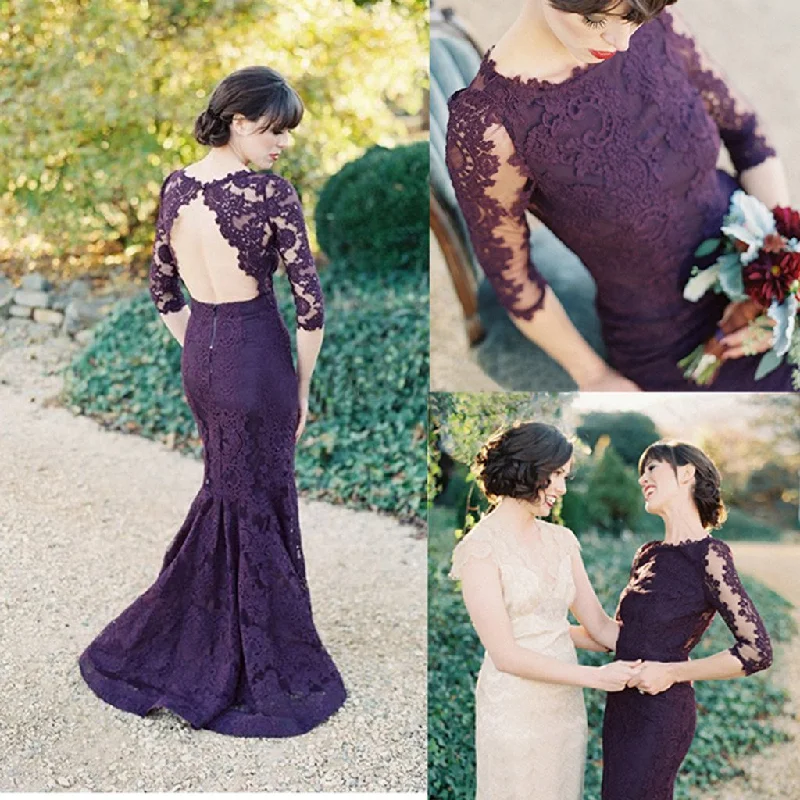 Women's Vintage Attire Exquisite Craftsmanship Long Sleeve Sexy Mermaid Purple Cheap Pretty Charming Long Prom Bridesmaid Dress, WG190