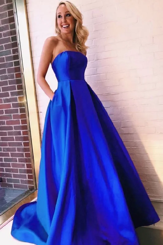 Women's Travel Attire Modern Glamour Strapless Royal Blue A Line Prom Dress, Formal Evening Gown cg4760