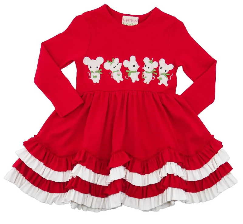 Sustainable Fashion Clothing For Women Elegant Ensemble Girl's Christmas Long Sleeve Dress In Red/white Little Mice Choir