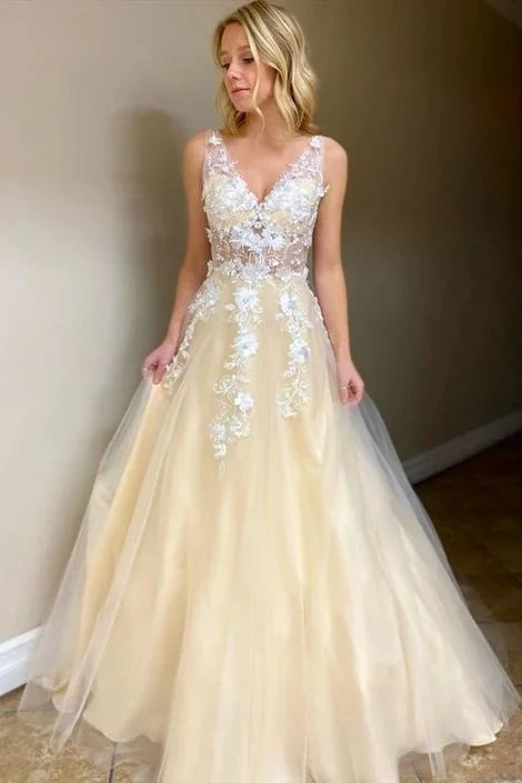 Women's Clothing For Holiday Travel Contemporary Chic elegant v-neck yellow prom ball gown with appliques junior prom dresses     cg18595