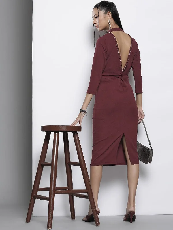 Women's Chic Apparel Chic Sophistication Women Burgundy Back Cut-Out Bodycon Dress