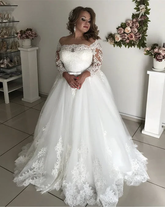 Women's Seasonal Garments Elevated Style A line Lace Long Sleeves Plus Size Wedding Dresses Illusion Tulle Bridal Gown