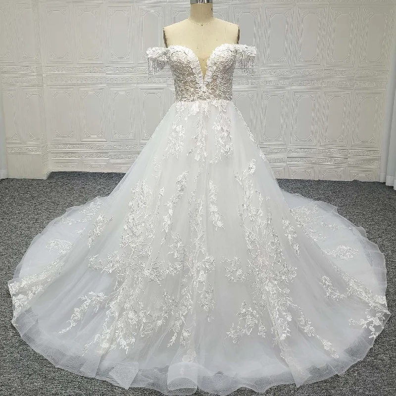 Women's Casual Garments Playful Elegance Off Shoulder Ballgown Sheer Bodice Wedding Dress with Long Train