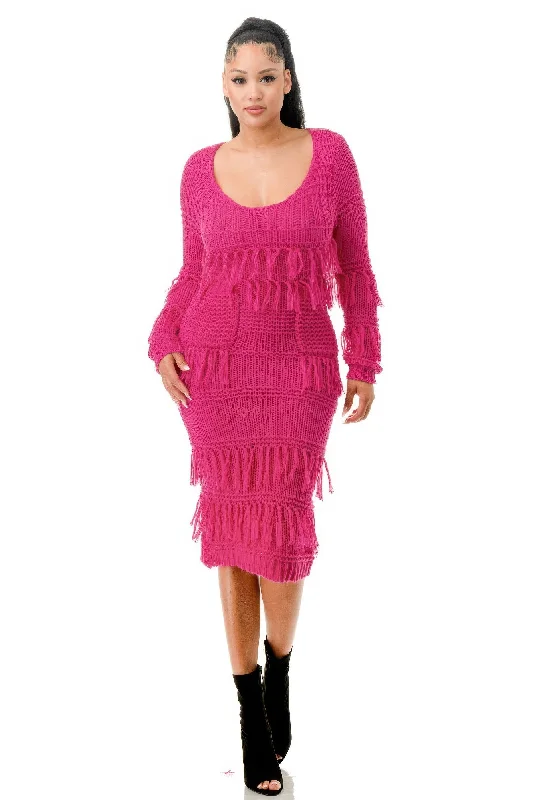 Women's Evening Outfit Elegant Details FASHNZFAB Women's Knit Long Sleeve Fringe Dress