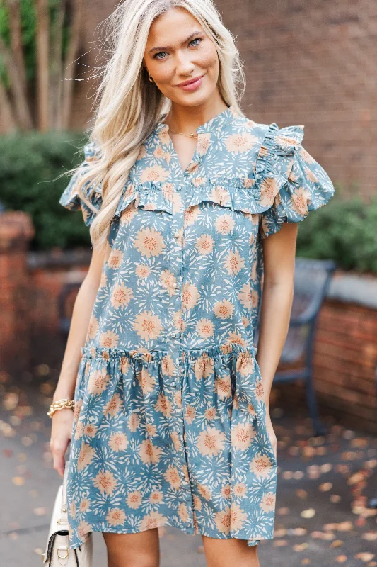 Affordable Women's Clothing Seasonal Trend Bring It On Home Dusty Blue Floral Dress