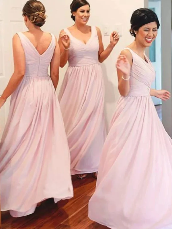 Women's Attire Formal Outfit V-neck Long A-line Blush Pink Chiffon Bridesmaid Dresses, Simple Bridesmaid Dresses, Bridesmaid Dresses