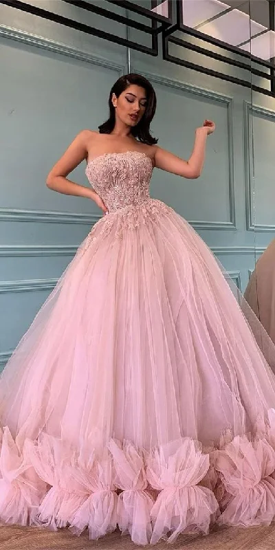 Sustainable Women's Clothing Vintage Charm Strapless Pink Tulle Beaded Prom Dresses, A-line Ball Gown Quinceanera Dresses   cg18617