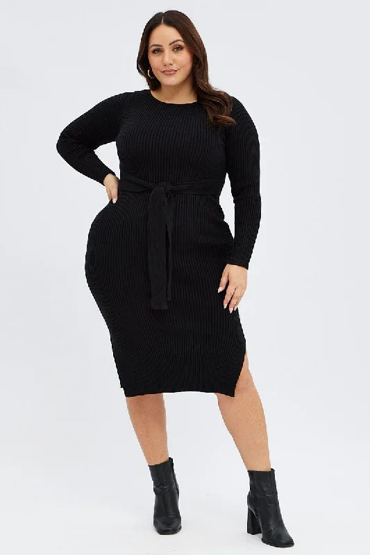 Comfortable Outfit For Women Statement Piece Black Knit Dress Long Sleeve Midi High Neck Tie Front