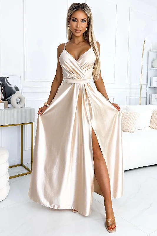 Stylish Women's Outfit Classic Charm JULIET elegant long satin dress with a neckline and leg slit - Beige