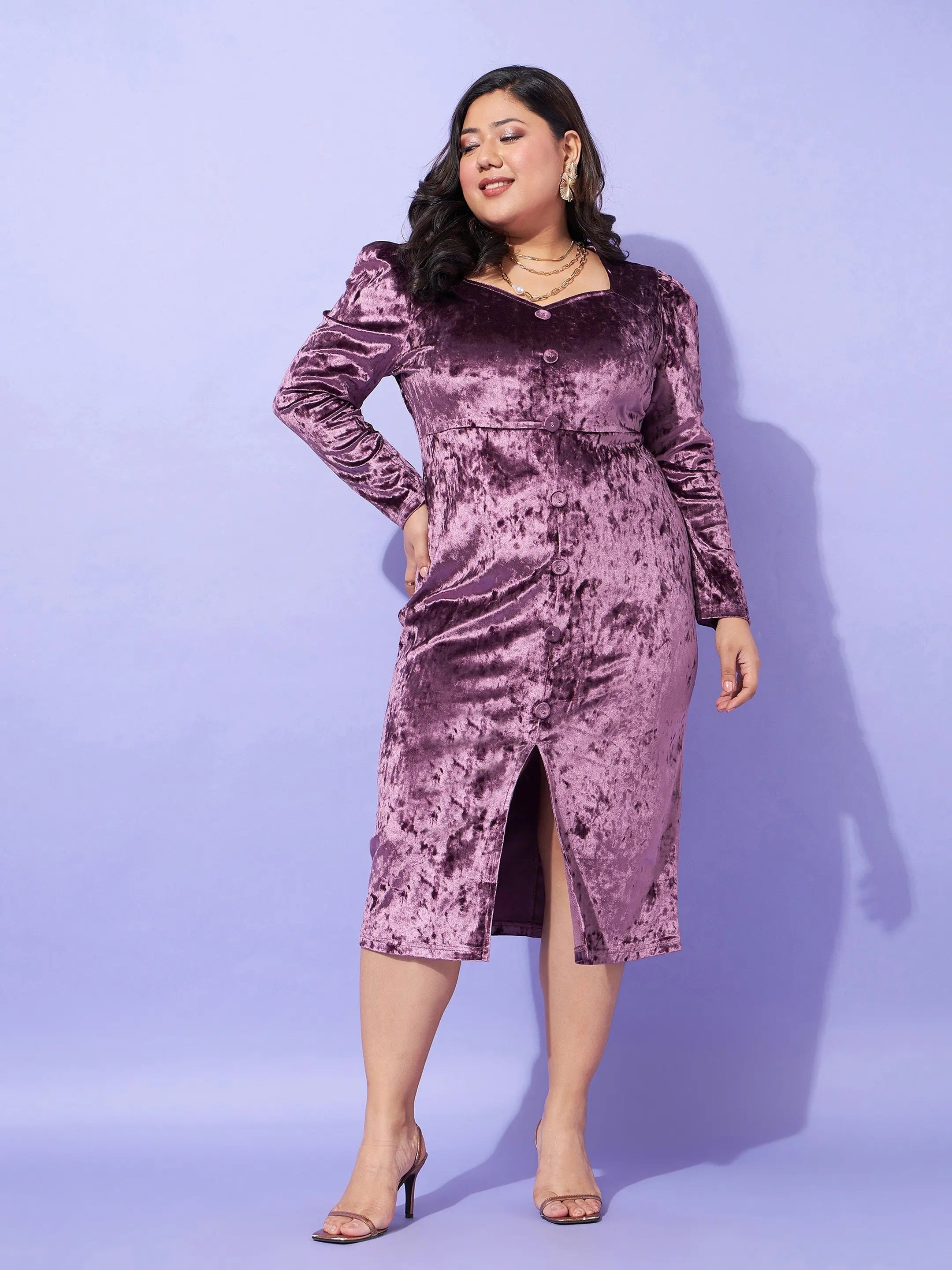 Women's Stylish Vacation Attire Everyday Glamour Women Purple Velvet Front Button Bodycon Dress