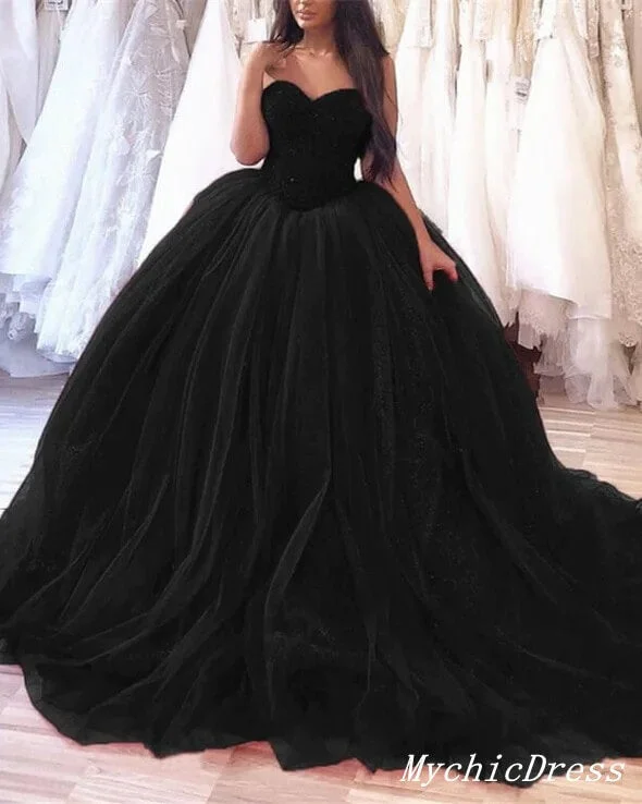 Women's Resort Attire Bold Silhouette Black Wedding Dresses Gothic Ball Gown Sweetheart Tulle Bridal Dress