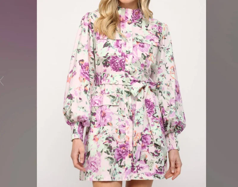 Women's Clothing With Trendy Designs Urban Sophistication Linen Blend Shirt Dress in Floral Print