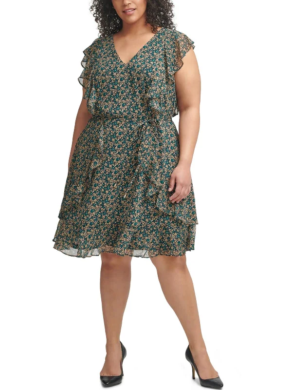 Women's Plus-Size Attire Casual Elegance Plus Womens Floral Print Knee-Length Fit & Flare Dress