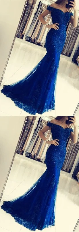 Women's Luxury Attire Classic Appeal Royal blue mermaid v neck prom dresses lace Evening Gowns   cg19423